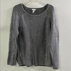 CHICO'S Silver Foil "Diva" Pullover Metallic 100% Cotton Holiday NYE Sweater XL